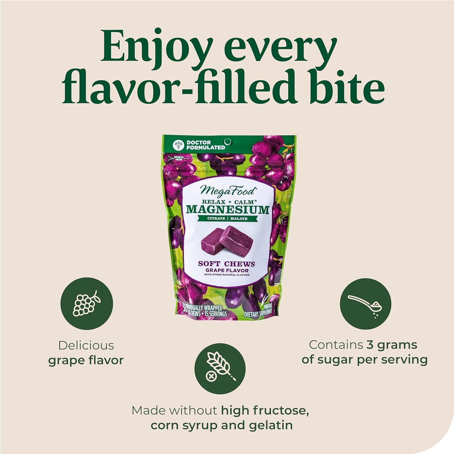 Vegetarian Grape-Flavor Magnesium Soft Chews for Heart Health & Muscle Tension - MegaFood Relax + Calm Supplement - 30 Chews