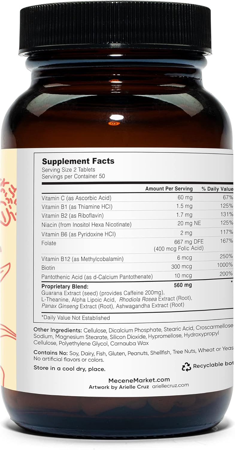 Vegetarian Guarana Caffeine Pills with Vitamin B12 for Natural Energy Boost - 100 Tablets with L-Theanine for Focus and Alertness