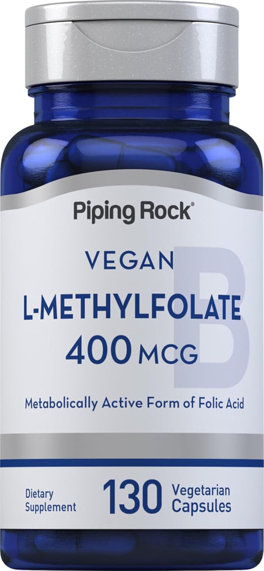 Vegetarian L MethylFolate Supplement | 400 mcg | 130 Capsules | Non-GMO, Gluten Free | Piping Rock