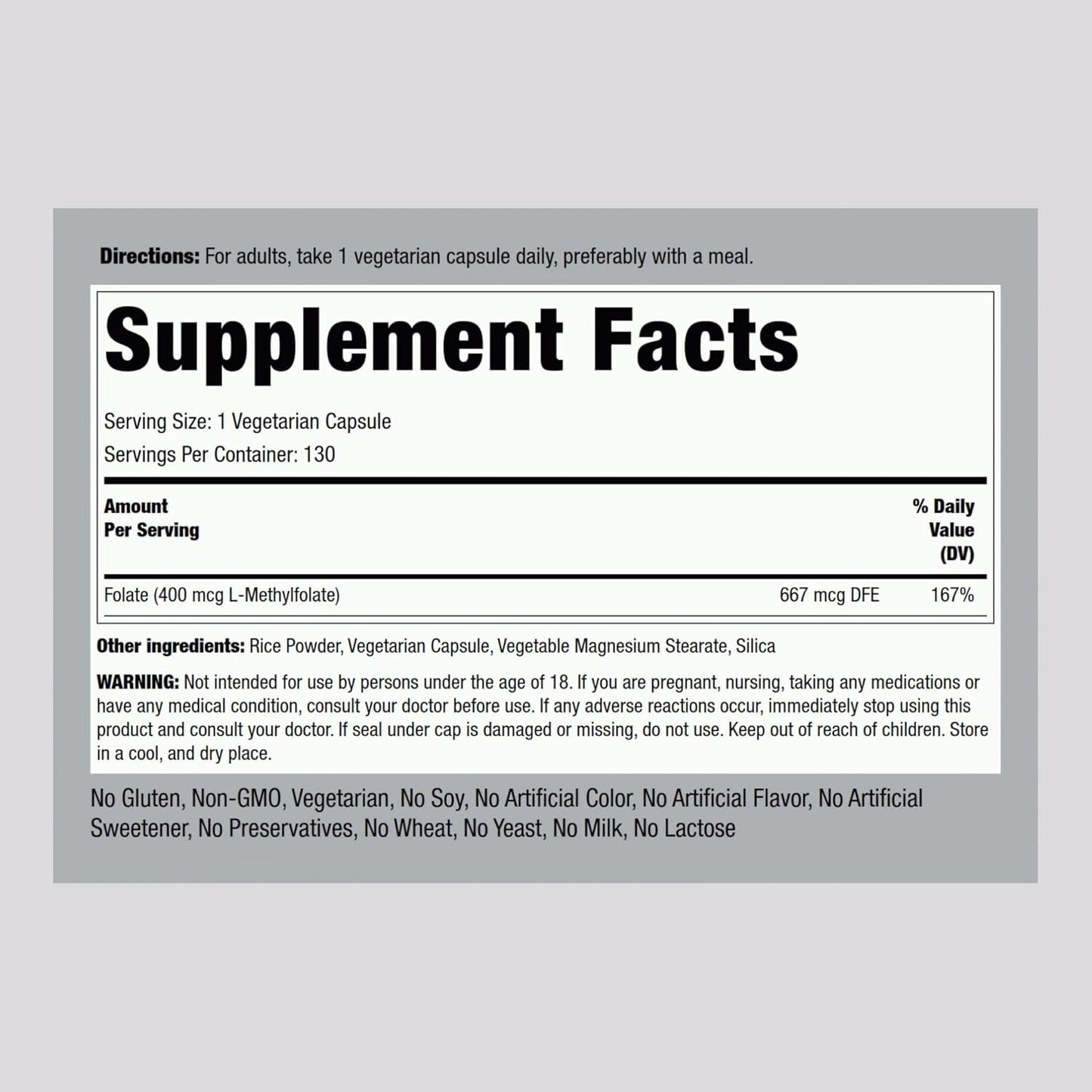 Vegetarian L MethylFolate Supplement | 400 mcg | 130 Capsules | Non-GMO, Gluten Free | Piping Rock