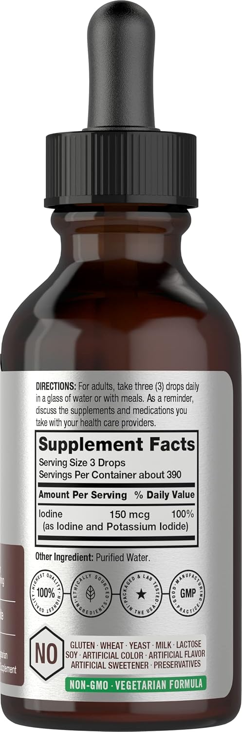 Vegetarian Liquid Iodine Drops 2 fl oz - 150 mcg | Iodine & Potassium Iodide Tincture | Non-GMO, Gluten Free Supplement