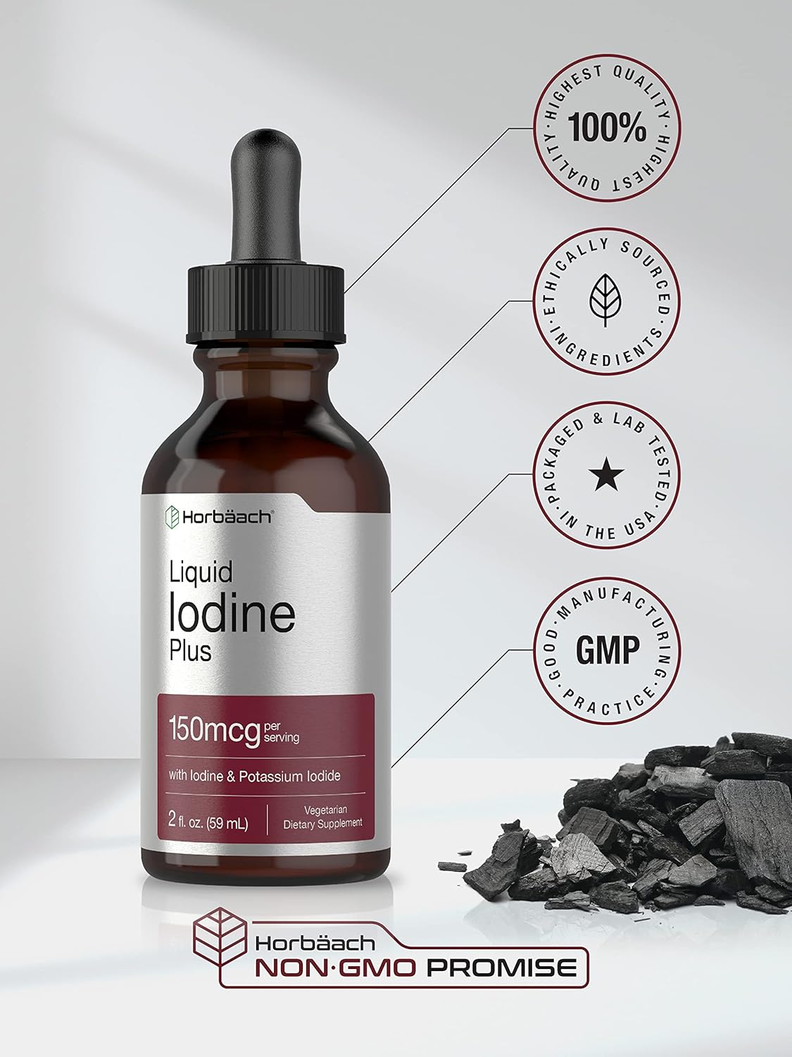 Vegetarian Liquid Iodine Drops 2 fl oz - 150 mcg | Iodine & Potassium Iodide Tincture | Non-GMO, Gluten Free Supplement