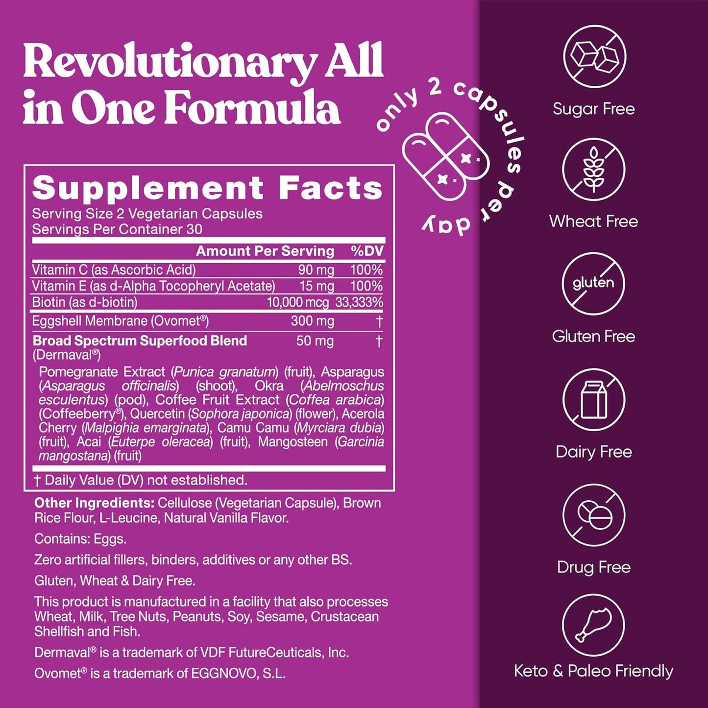 Vegetarian Multi-Collagen Pills with Superfoods for Skin & Joint Health - Biotin, Vitamin C, E - 60 Capsules