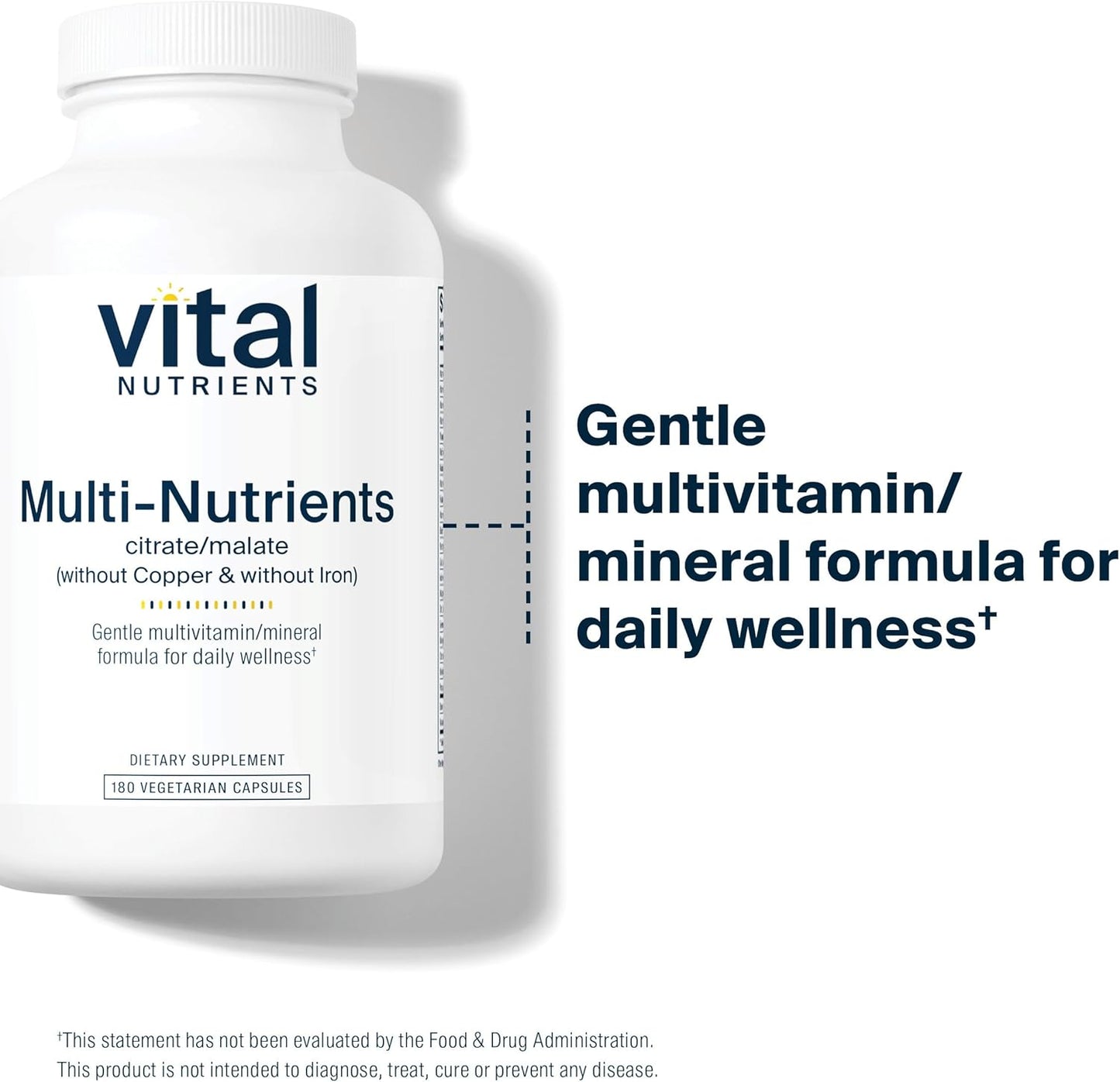 Vegetarian Multi-Nutrient Supplement with Citrate/Malate Formula - 180 Capsules, Non-GMO, Gluten/Dairy/Soy Free, Copper/Iron Free