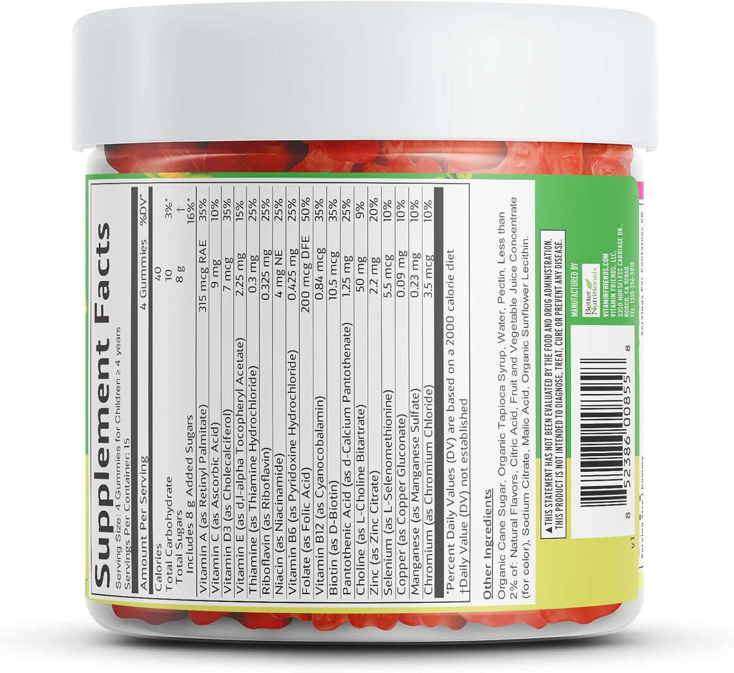 Vegetarian Multivitamin Gummies for Kids with Choline - Daily Nutritional Support for Children - Includes Vitamin C, D, E, A, B6, Zinc, Folic Acid, Selenium, Niacin, Thiamin, Biotin - 30 Day Supply
