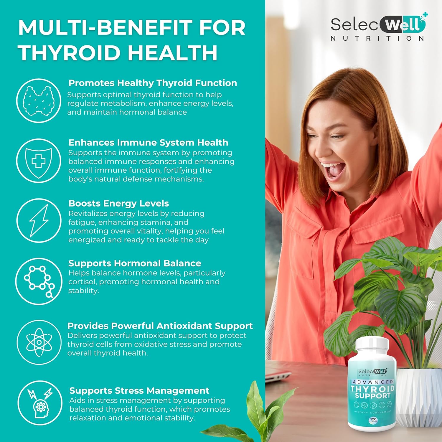 Vegetarian Thyroid Support Supplement with Iodine, Vitamin D3, B12 & Ashwagandha for Energy & Focus - Non-GMO Formula