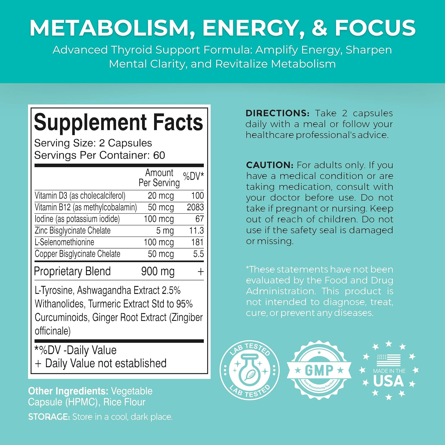 Vegetarian Thyroid Support Supplement with Iodine, Vitamin D3, B12 & Ashwagandha for Energy & Focus - Non-GMO Formula