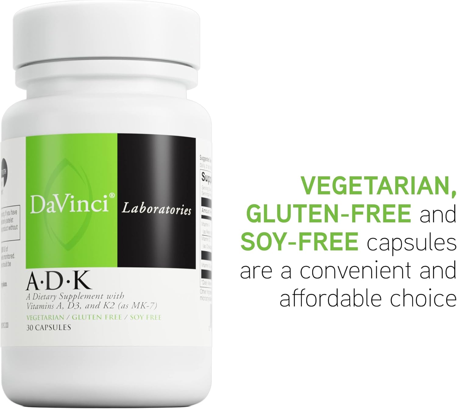Vegetarian Vitamin ADK Supplement to Support Bone, Heart, and Immune Health - Gluten and Soy Free - 30 Capsules