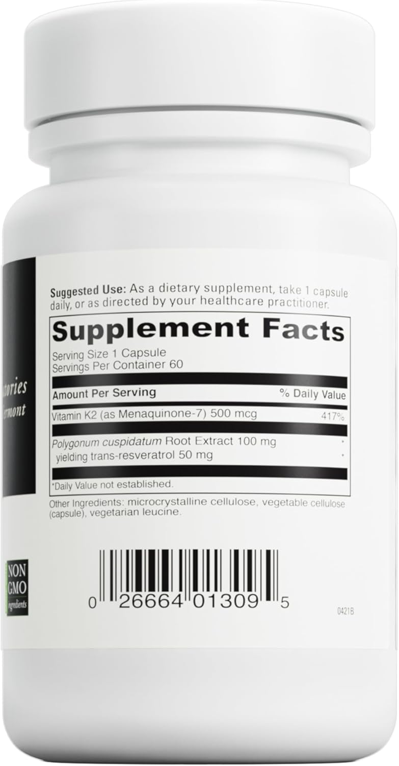 Vegetarian Vitamin K2 & Resveratrol Supplement for Bone & Heart Health - Antioxidant Support - 60 Capsules