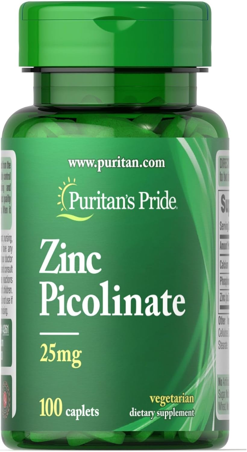 Vegetarian Zinc Picolinate 25mg Supplement with Calcium and Phosphorus for Immune System Support, Energy Metabolism, Cell Growth - 100 Caplets