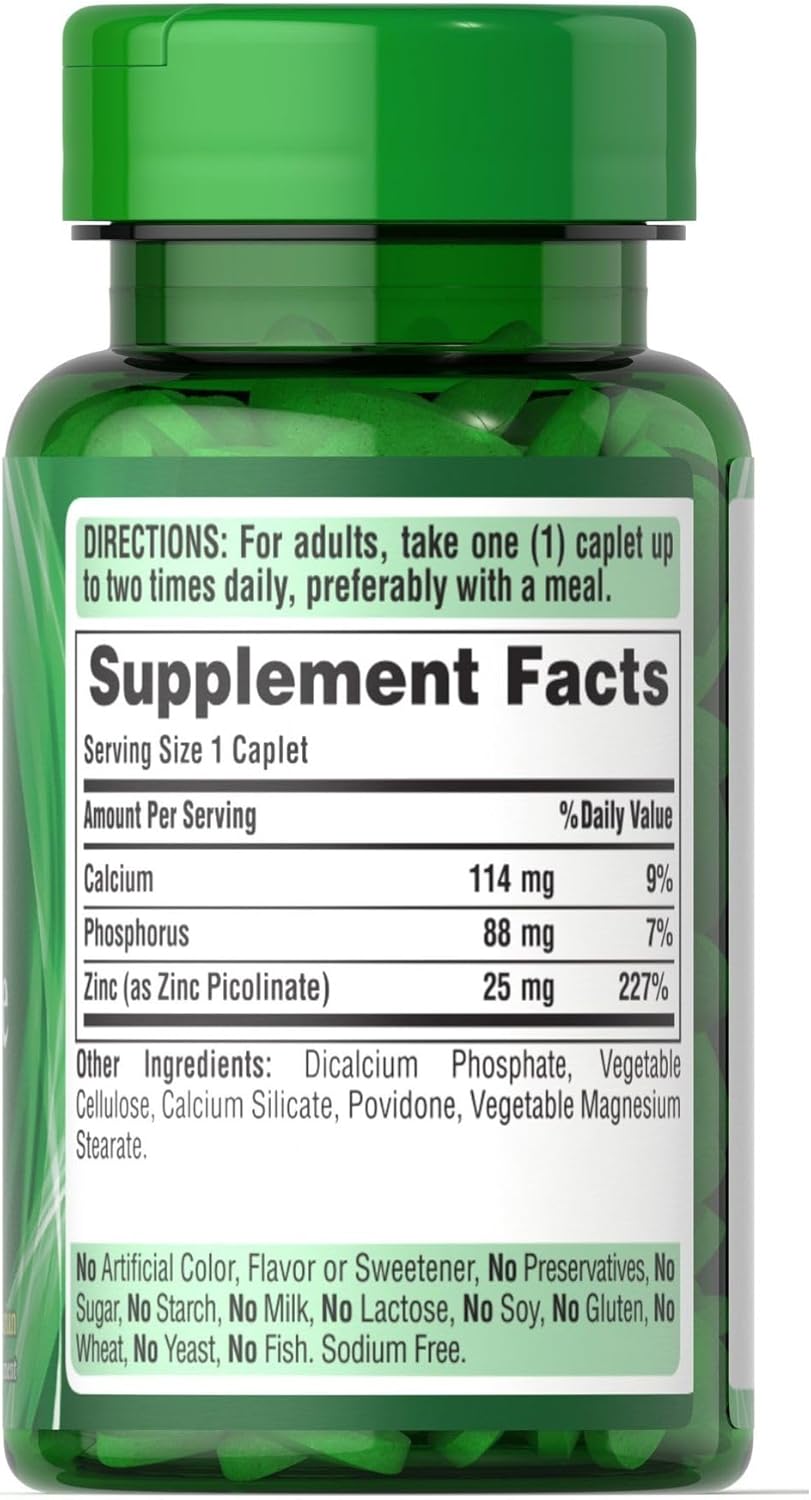 Vegetarian Zinc Picolinate 25mg Supplement with Calcium and Phosphorus for Immune System Support, Energy Metabolism, Cell Growth - 100 Caplets