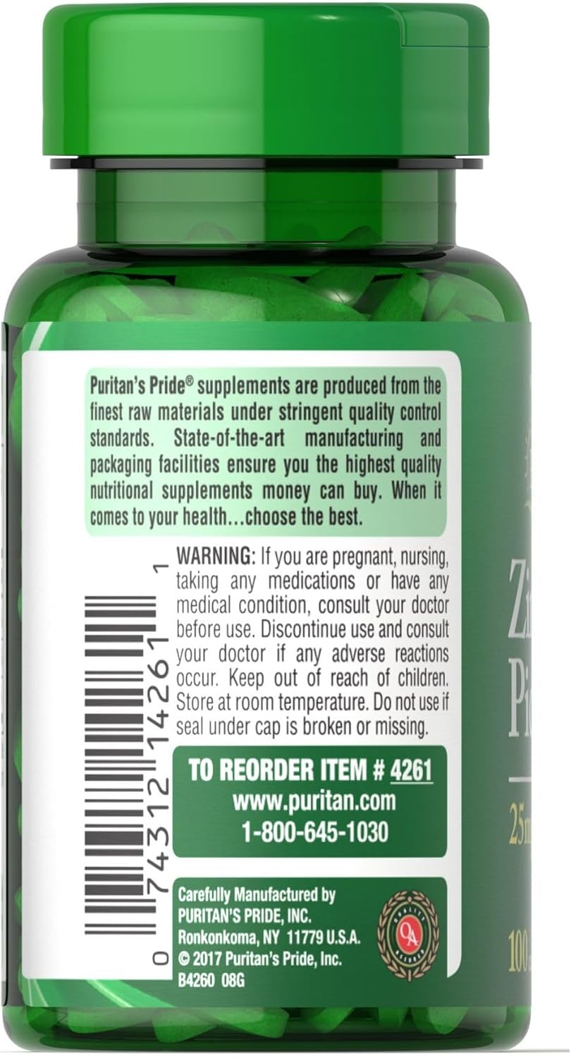 Vegetarian Zinc Picolinate 25mg Supplement with Calcium and Phosphorus for Immune System Support, Energy Metabolism, Cell Growth - 100 Caplets