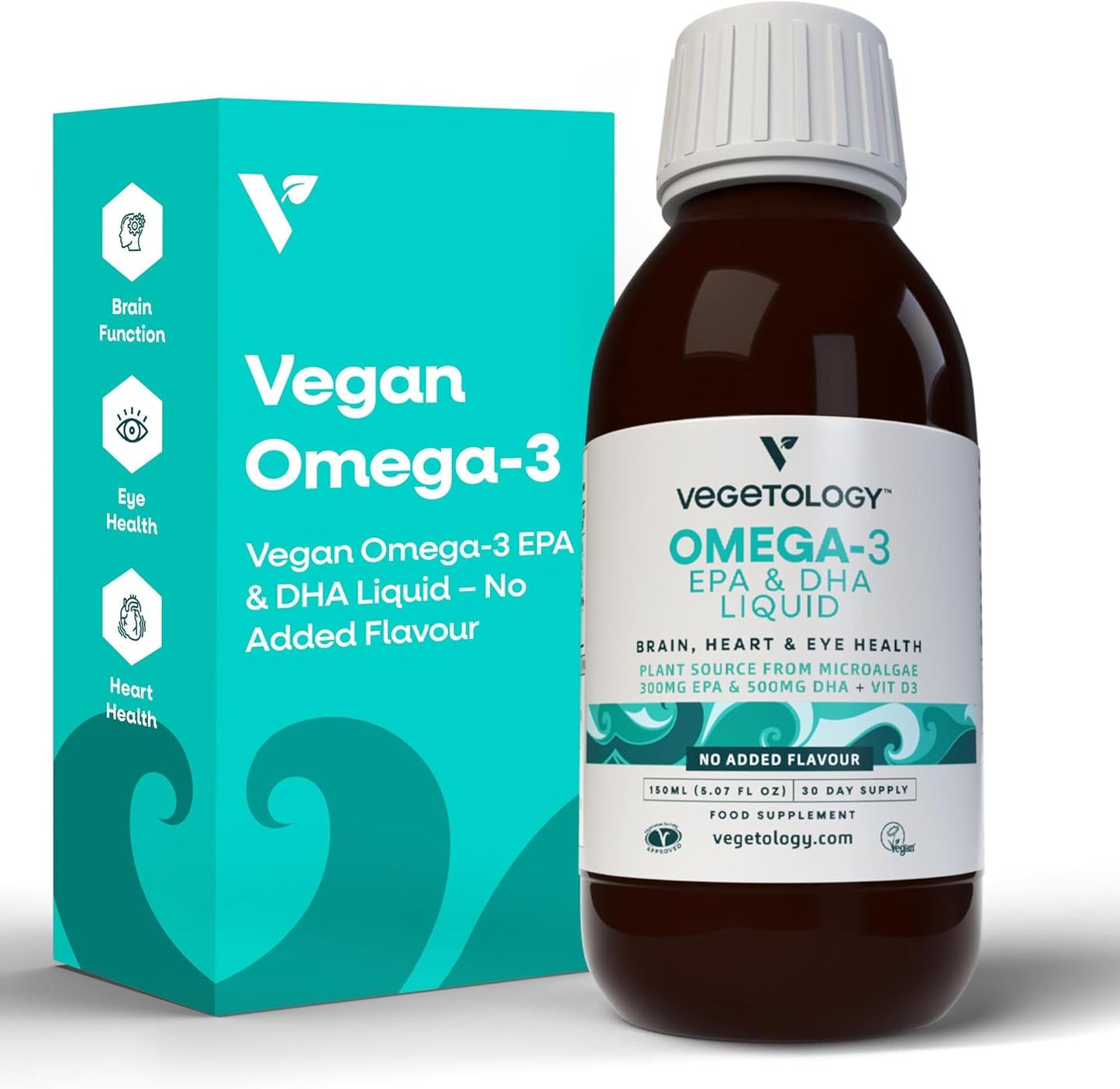 VEGETOLOGY Vegan Omega 3 Liquid with Vitamin D3 - 800mg EPA DHA - Supports Heart, Brain, Eye Health - Microalgae Formula - UK Made