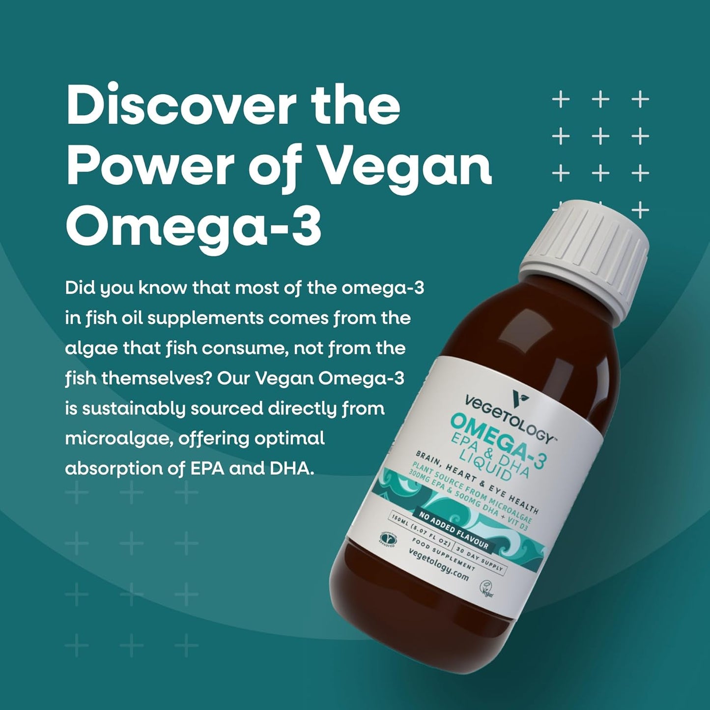 VEGETOLOGY Vegan Omega 3 Liquid with Vitamin D3 - 800mg EPA DHA - Supports Heart, Brain, Eye Health - Microalgae Formula - UK Made
