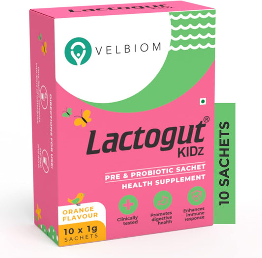 VELBIOM Lactogut Kidz Probiotics Powder - 10 Sachets Vegan Probiotics for Children Orange Flavour - Boost Gut Health, Wellness, Immunity