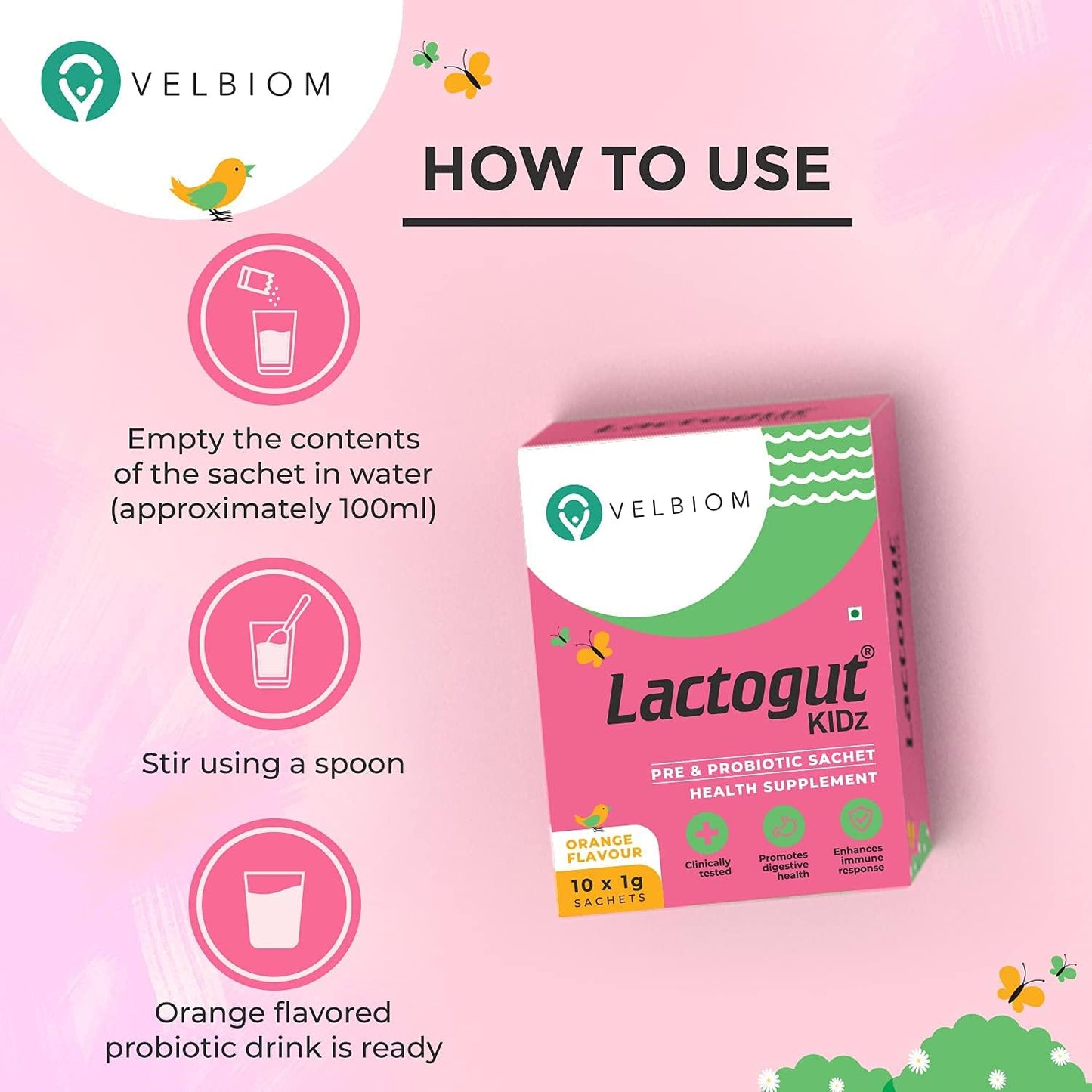 VELBIOM Lactogut Kidz Probiotics Powder - 10 Sachets Vegan Probiotics for Children Orange Flavour - Boost Gut Health, Wellness, Immunity