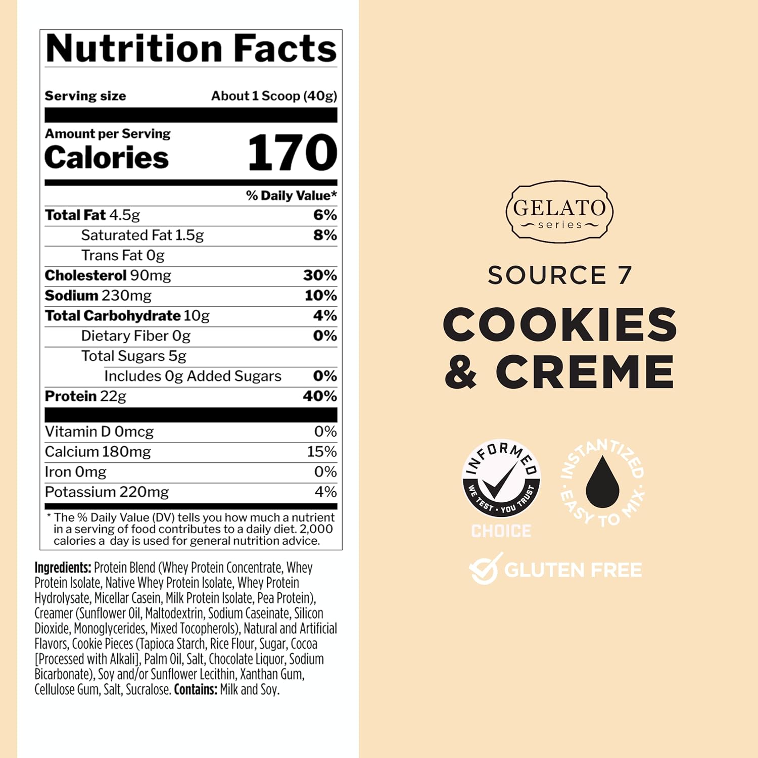 Velvety Smooth Gelato Protein Powder with 22g Sustained Protein - Cookies & Cream Flavor - 2 Pounds