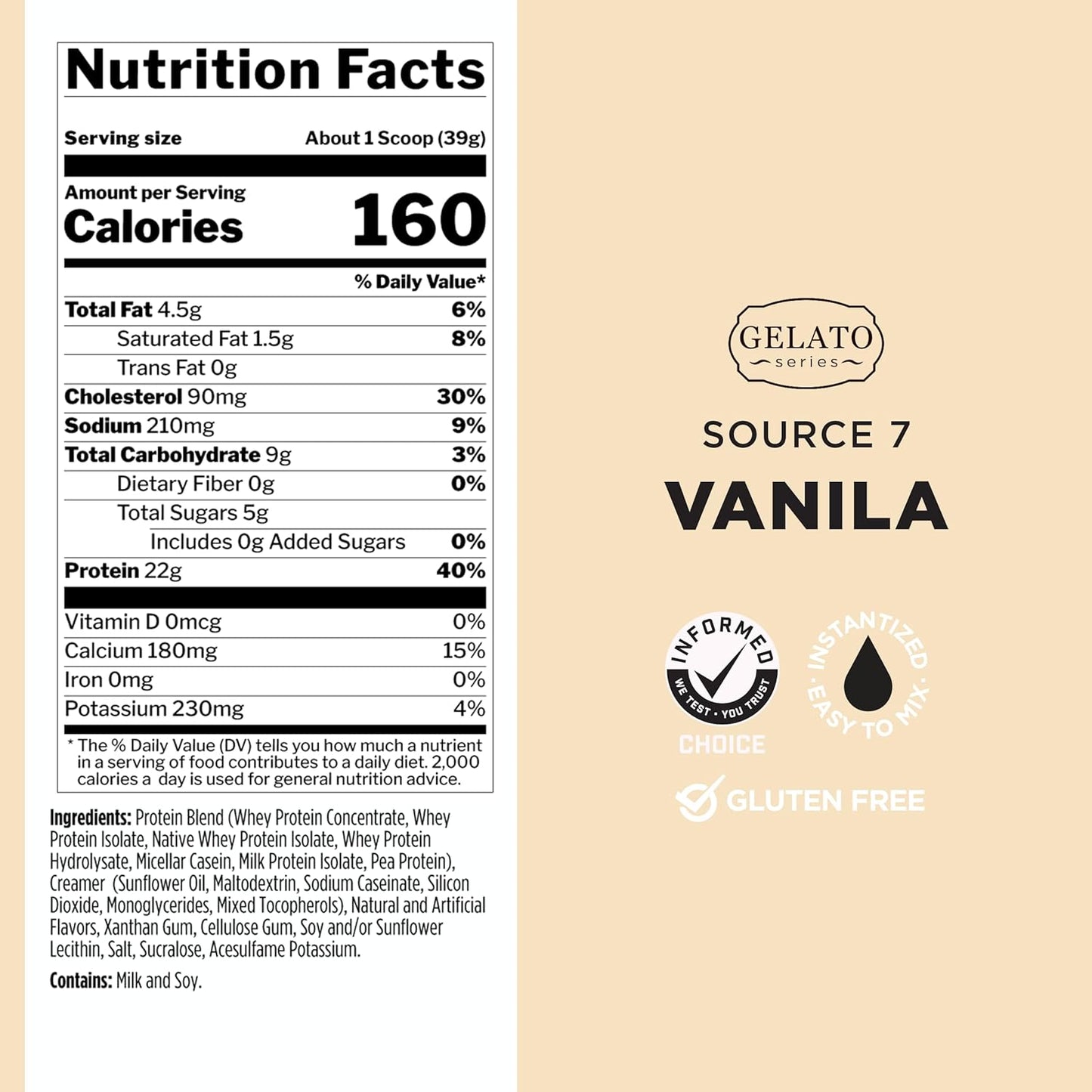 Velvety Smooth Gelato Protein Powder with 22g Sustained Protein and 10g EAAs - 7 Premium Sources - 2lb Vanilla Flavor