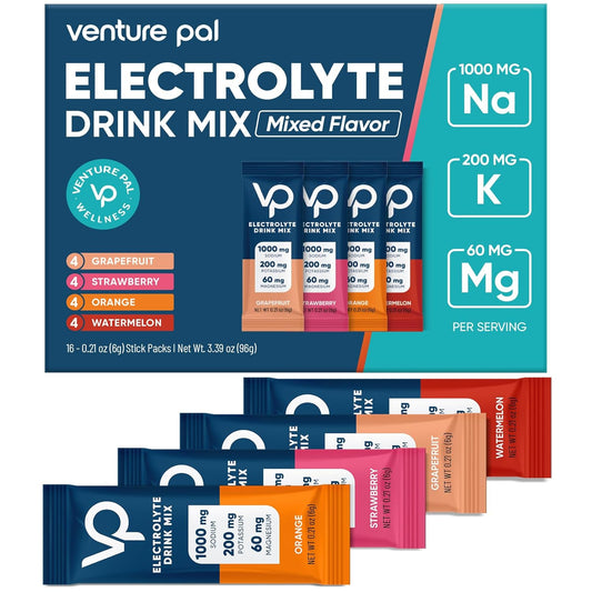 Venture Pal Electrolyte Powder Packets - High Sodium, Sugar Free Hydration Mix with Potassium, Magnesium | Zero Calorie Vegan Keto Paleo Drink Mix | 16 Sticks