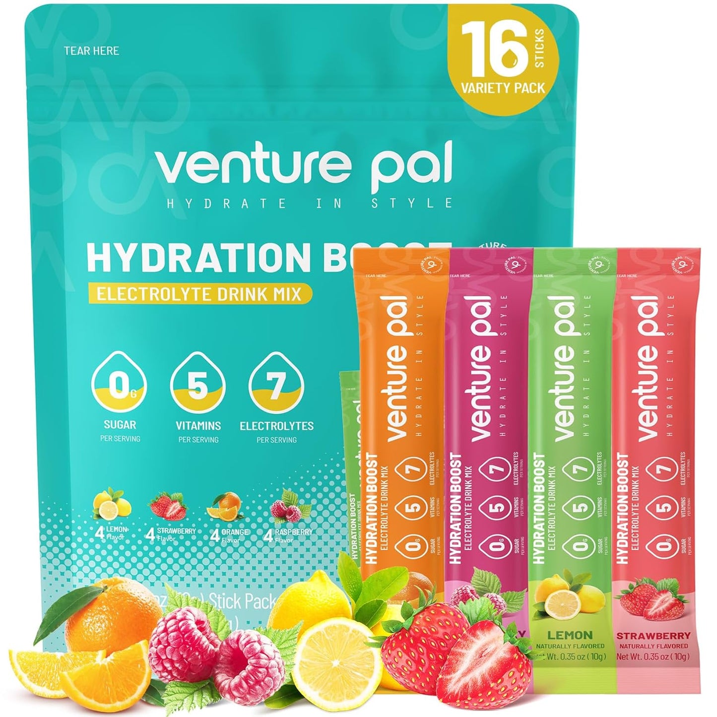 Venture Pal Electrolyte Powder Packets - Sugar Free Daily IV Drink Mix for Rapid Hydration & Recovery | 5 Vitamins & 7 Electrolytes | Keto Friendly | Non-GMO | Vegan | 16 Sticks