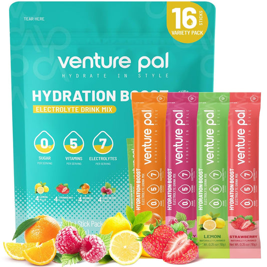 Venture Pal Electrolyte Powder Packets - Sugar Free Daily IV Drink Mix for Rapid Hydration & Recovery | 5 Vitamins & 7 Electrolytes | Keto Friendly | Non-GMO | Vegan | 16 Sticks