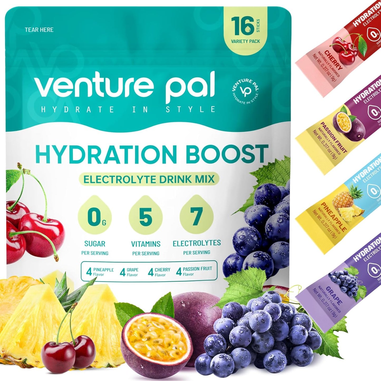 Venture Pal Electrolyte Powder Packets - Sugar-Free Daily Hydration Drink Mix with Vitamins & Electrolytes for Rapid Recovery | Keto & Vegan Friendly | Non-GMO | 16 Sticks