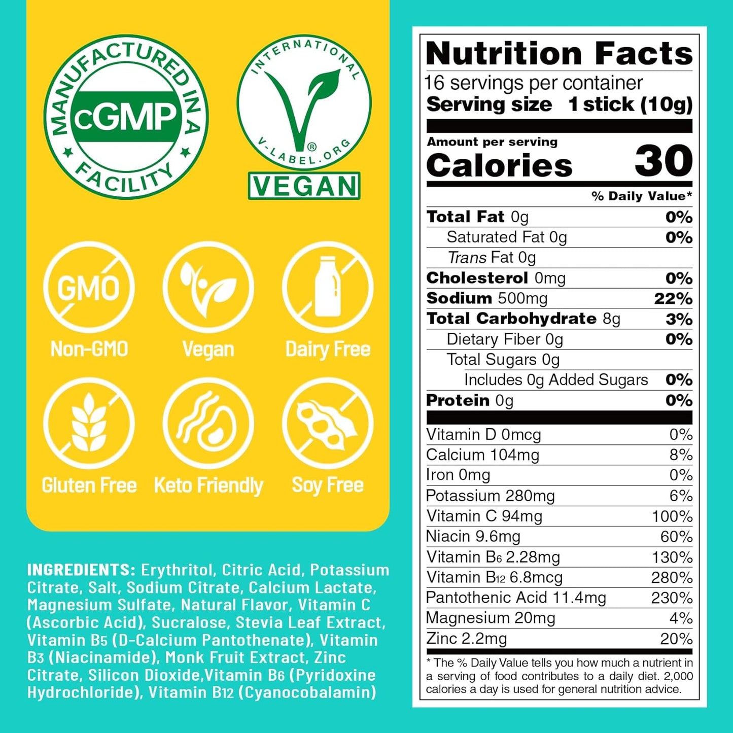 Venture Pal Electrolyte Powder Packets - Sugar Free Daily IV Drink Mix for Rapid Hydration & Recovery | 5 Vitamins & 7 Electrolytes | Keto Friendly | Non-GMO | Vegan | 16 Sticks