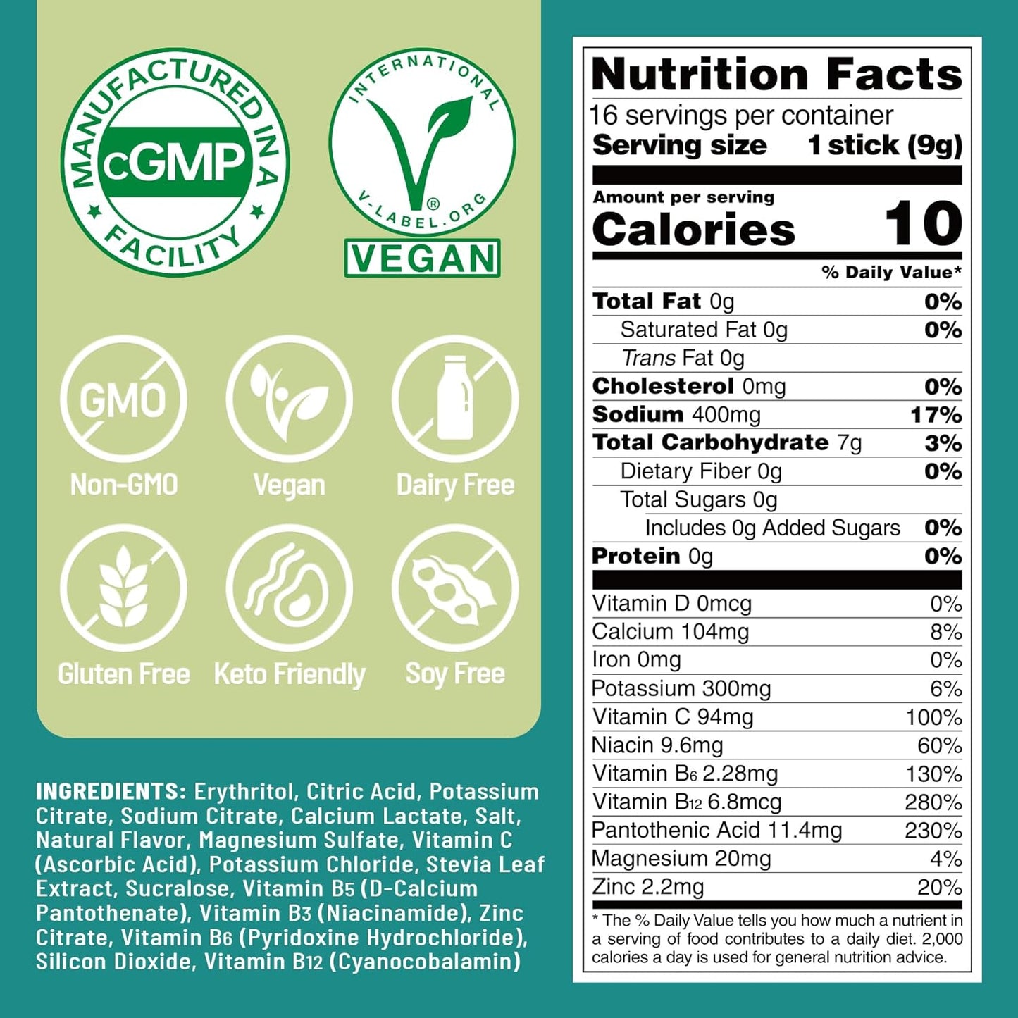 Venture Pal Electrolyte Powder Packets - Sugar-Free Daily Hydration Drink Mix with Vitamins & Electrolytes for Rapid Recovery | Keto & Vegan Friendly | Non-GMO | 16 Sticks