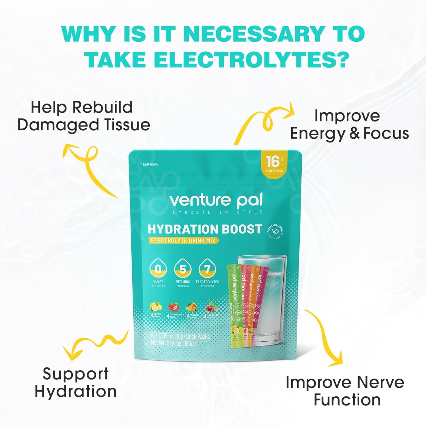 Venture Pal Electrolyte Powder Packets - Sugar Free Daily IV Drink Mix for Rapid Hydration & Recovery | 5 Vitamins & 7 Electrolytes | Keto Friendly | Non-GMO | Vegan | 16 Sticks