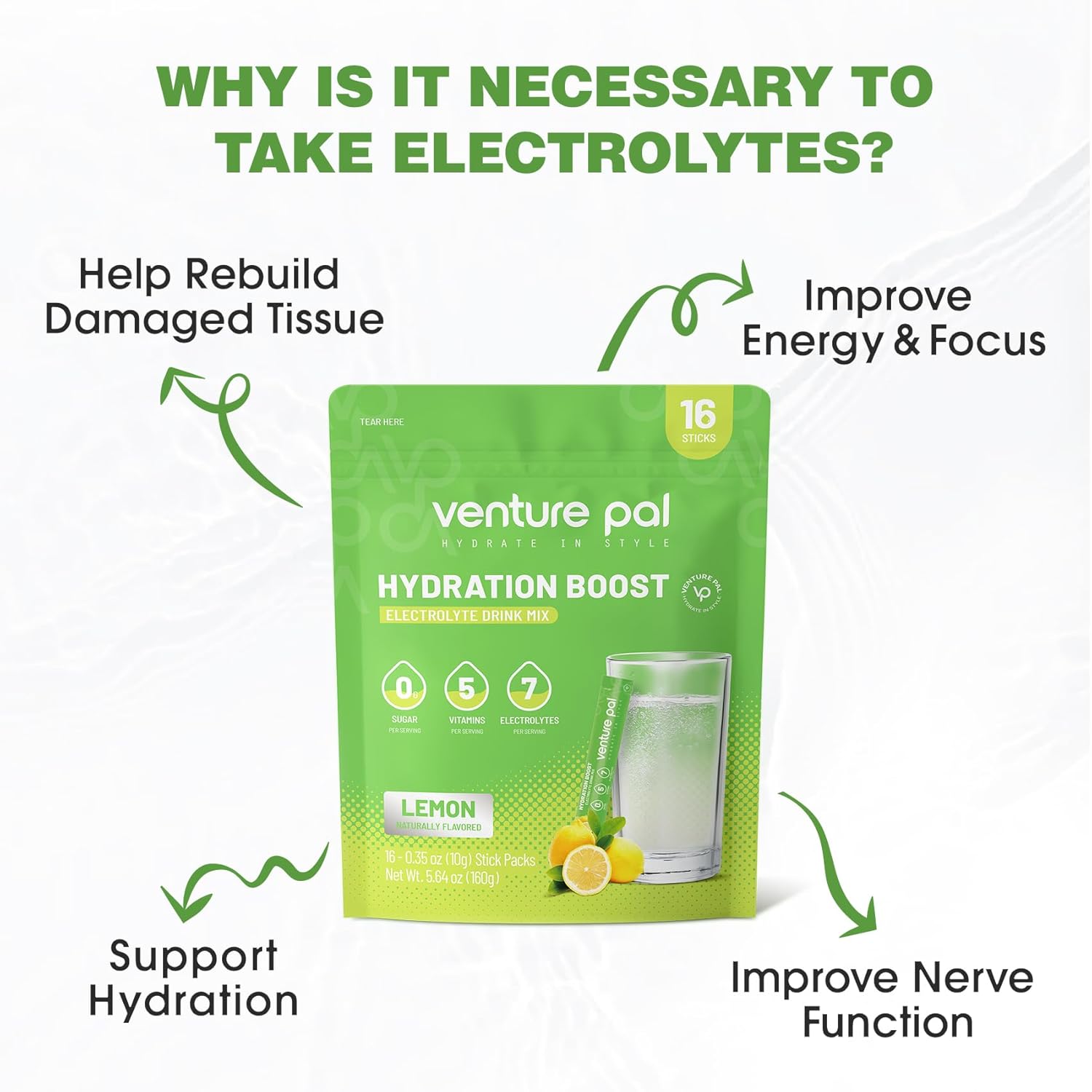 Venture Pal Liquid Electrolyte Powder Packets - Sugar-Free Daily Hydration Drink Mix with Vitamins & Electrolytes - Keto Friendly & Vegan - 16 Sticks