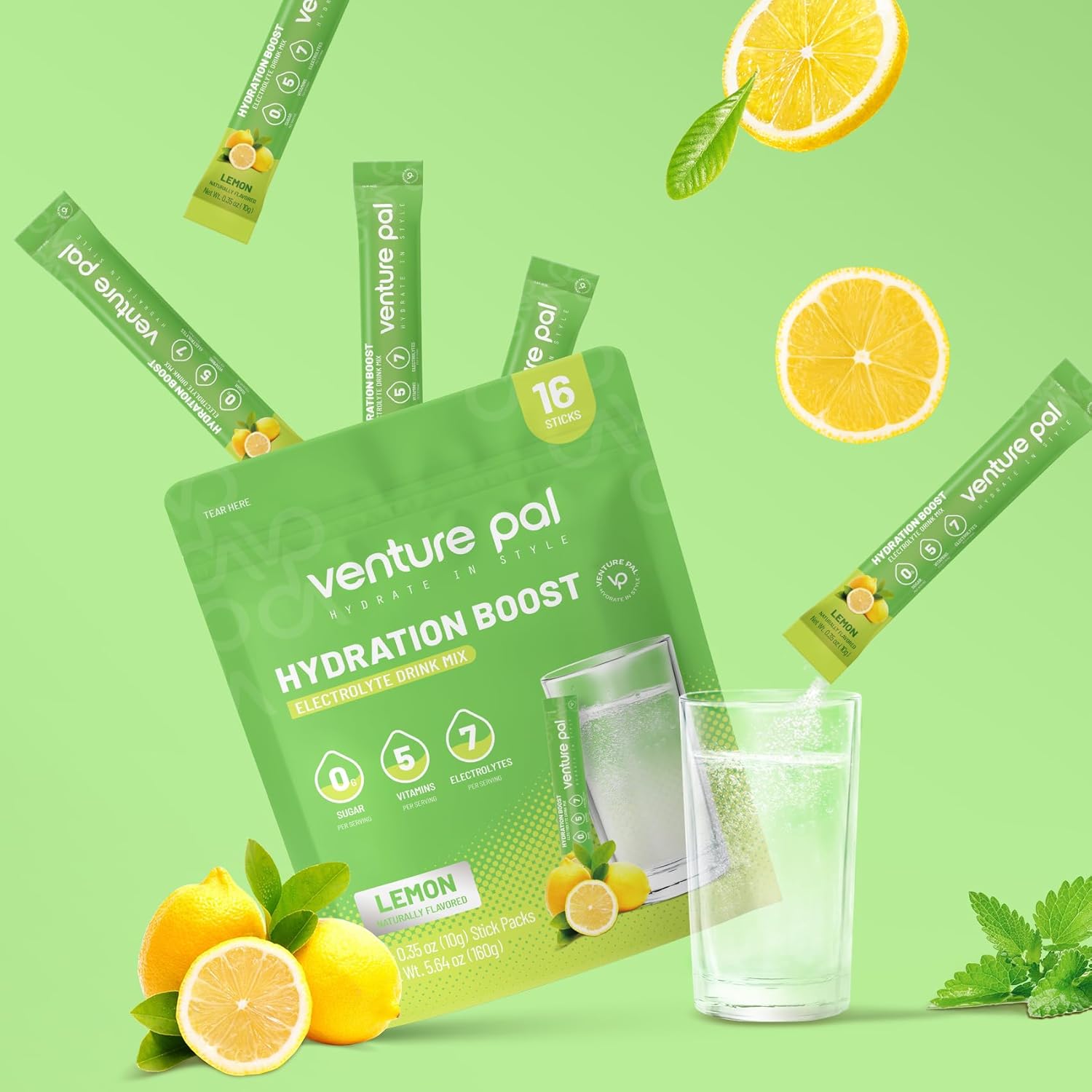 Venture Pal Liquid Electrolyte Powder Packets - Sugar-Free Daily Hydration Drink Mix with Vitamins & Electrolytes - Keto Friendly & Vegan - 16 Sticks