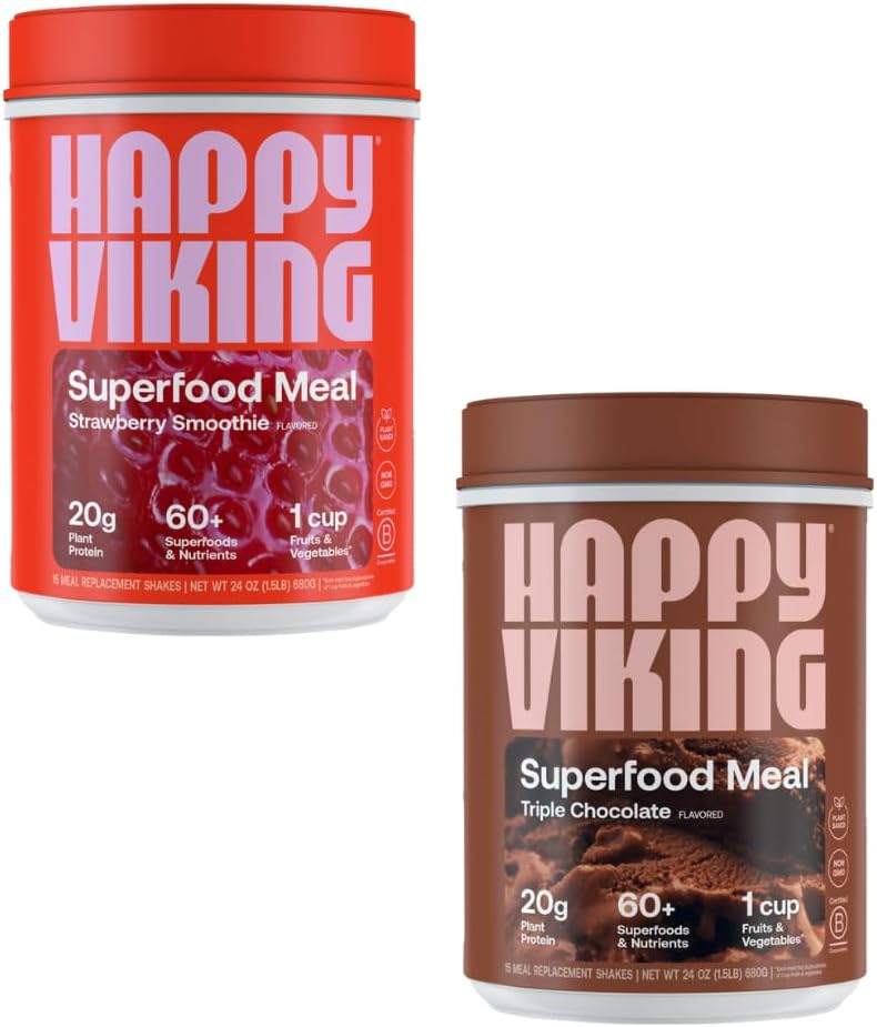 Venus Williams Happy Viking Chocolate Strawberry Protein Powder 20g, Low Carb, Keto, Vegan, Gluten-Free, Superfoods, Complete Meal Replacement - 2 Canisters