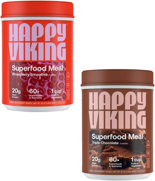 Venus Williams Happy Viking Chocolate Strawberry Protein Powder 20g, Low Carb, Keto, Vegan, Gluten-Free, Superfoods, Complete Meal Replacement - 2 Canisters