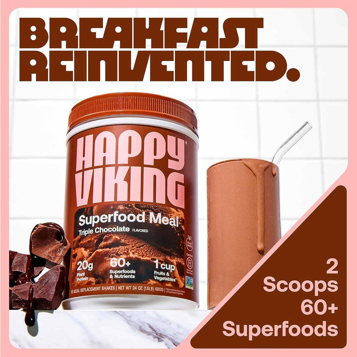 Venus Williams Happy Viking Chocolate Strawberry Protein Powder 20g, Low Carb, Keto, Vegan, Gluten-Free, Superfoods, Complete Meal Replacement - 2 Canisters