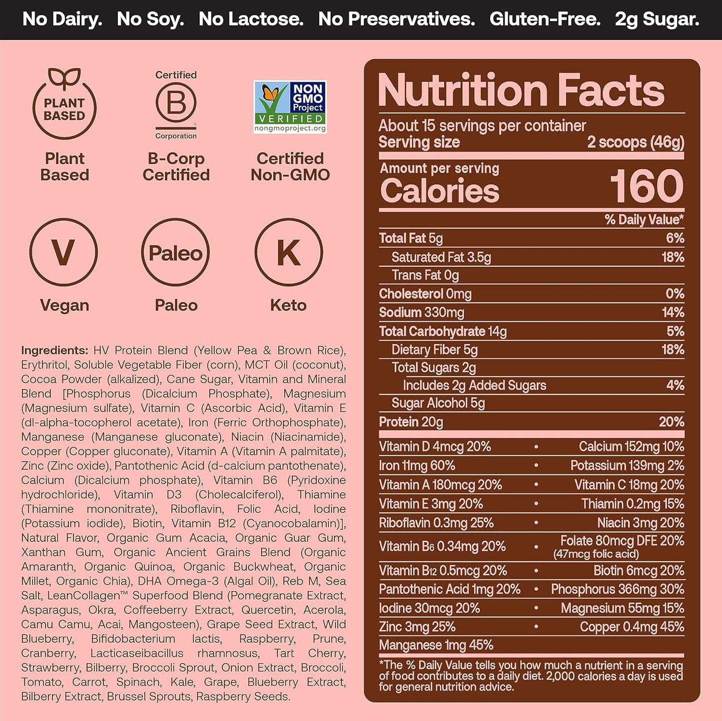 Venus Williams Happy Viking Chocolate Strawberry Protein Powder 20g, Low Carb, Keto, Vegan, Gluten-Free, Superfoods, Complete Meal Replacement - 2 Canisters