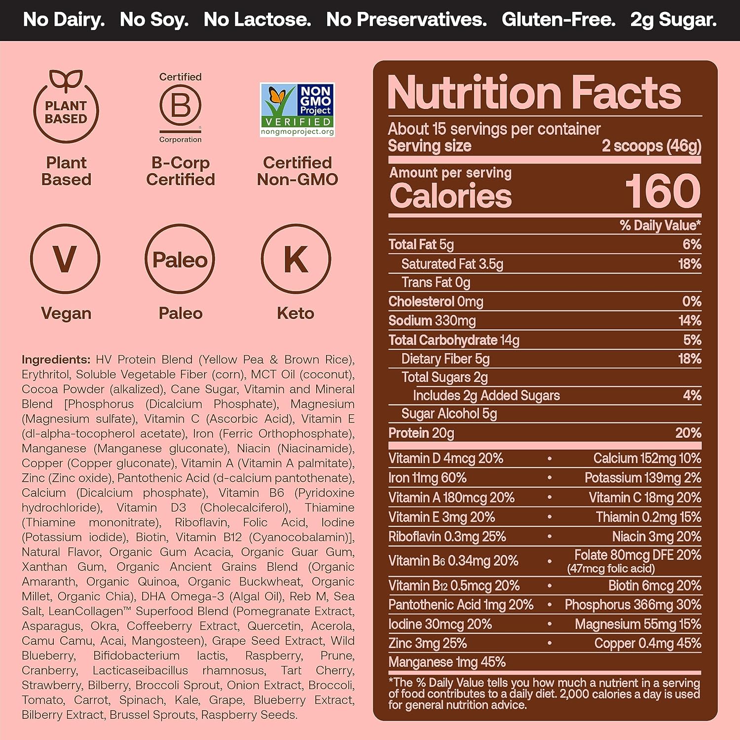 Venus Williams Happy Viking Chocolate Strawberry Protein Powder 20g, Low Carb, Keto, Vegan, Gluten-Free, Superfoods, Complete Meal Replacement - 2 Canisters