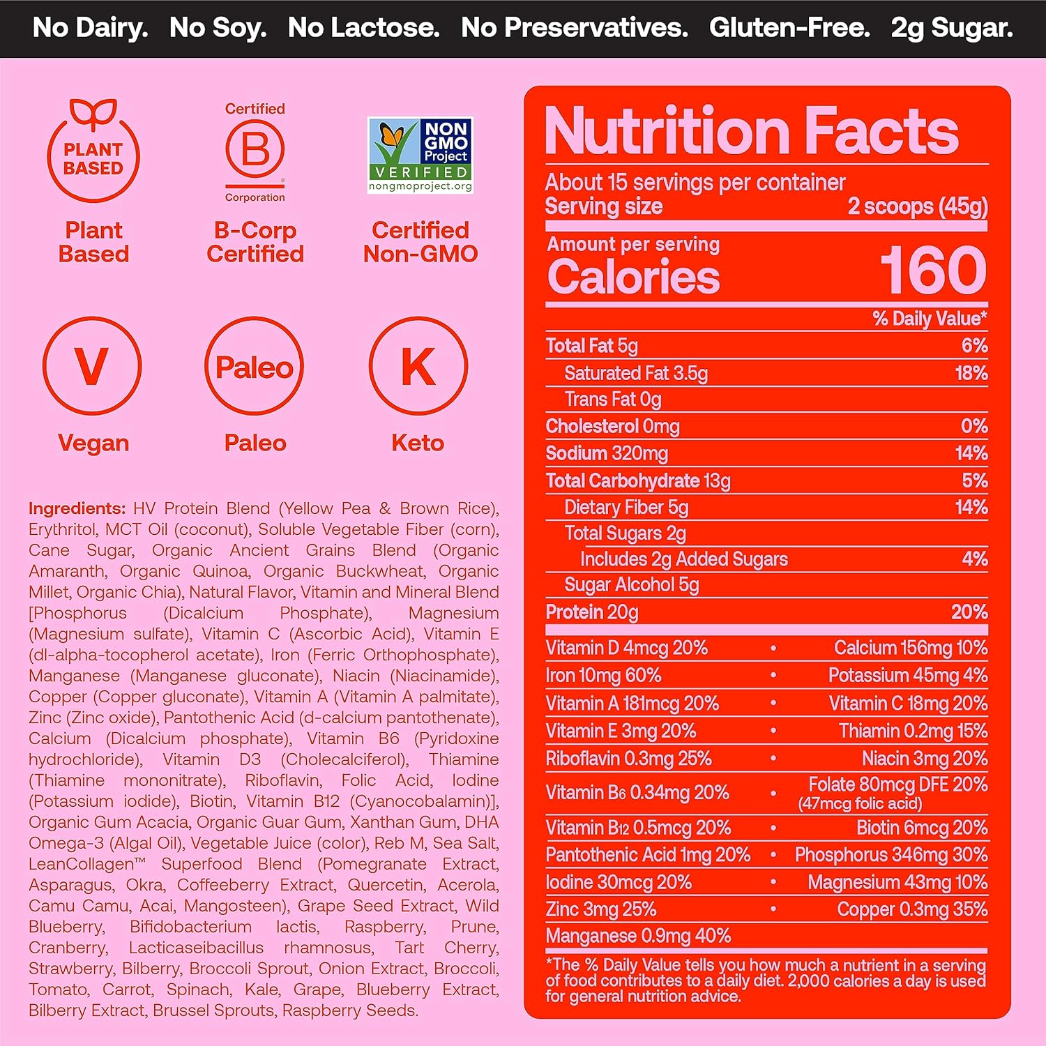 Venus Williams Happy Viking Chocolate Strawberry Protein Powder 20g, Low Carb, Keto, Vegan, Gluten-Free, Superfoods, Complete Meal Replacement - 2 Canisters