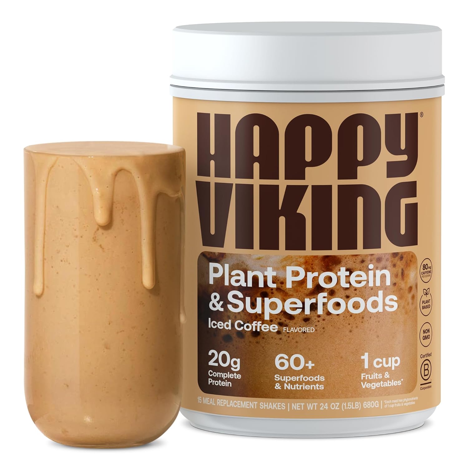 Venus Williams' Happy Viking Iced Coffee Protein Powder: 20G Protein, Low Carb, Keto, Vegan, Gluten-Free, Non-GMO, Superfoods - Complete Meal Replacement - 1 Canister (24 oz.)