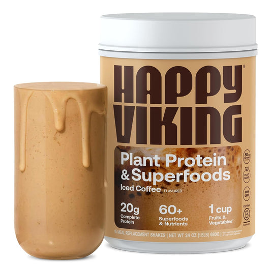 Venus Williams' Happy Viking Iced Coffee Protein Powder: 20G Protein, Low Carb, Keto, Vegan, Gluten-Free, Non-GMO, Superfoods - Complete Meal Replacement - 1 Canister (24 oz.)