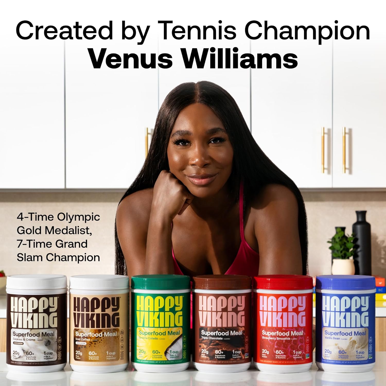 Venus Williams' Happy Viking Iced Coffee Protein Powder: 20G Protein, Low Carb, Keto, Vegan, Gluten-Free, Non-GMO, Superfoods - Complete Meal Replacement - 1 Canister (24 oz.)