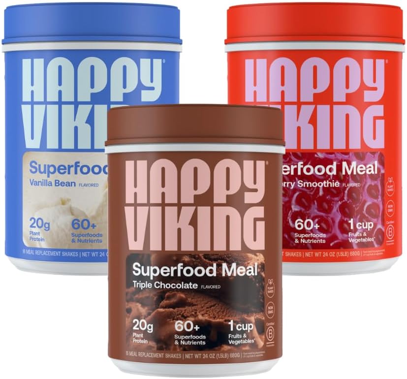 Venus Williams Happy Viking Protein Powder Trio: Chocolate, Vanilla, Strawberry - Low Carb, Keto, Vegan, Gluten-Free, Superfoods - 60G Protein, Complete Meal Replacement - 3 Canisters (24 oz. Each)