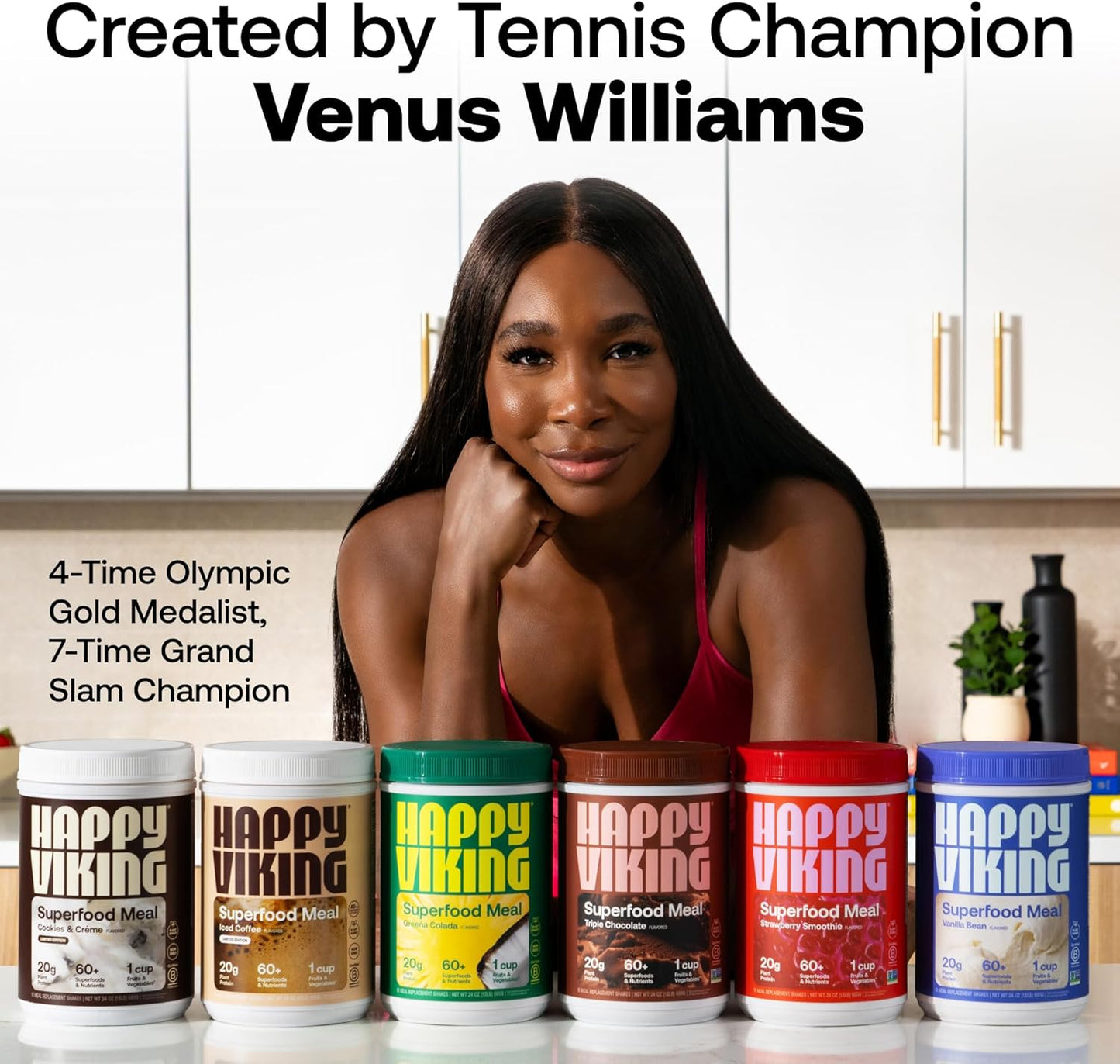 Venus Williams Happy Viking Vanilla Plant Protein Powder - 20g Protein, Low Carb, Keto, Vegan, Gluten-Free, Non-GMO - Superfoods Meal Replacement (1 Canister)