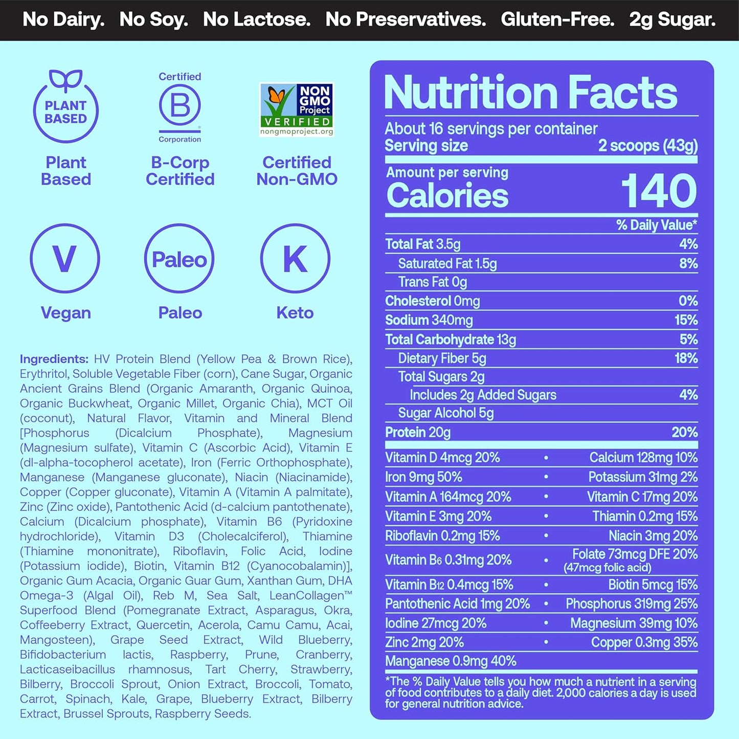 Venus Williams Happy Viking Vanilla Plant Protein Powder - 20g Protein, Low Carb, Keto, Vegan, Gluten-Free, Non-GMO - Superfoods Meal Replacement (1 Canister)