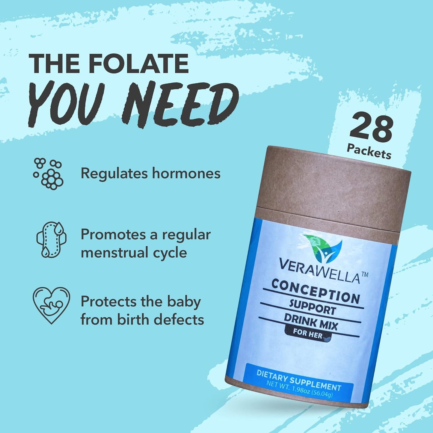 VeraWella Conception Support Vitamin Powder Mix for Women, Fertility & Conception Support with B Vitamins, Myo-Inositol, Folate - 28 Packets