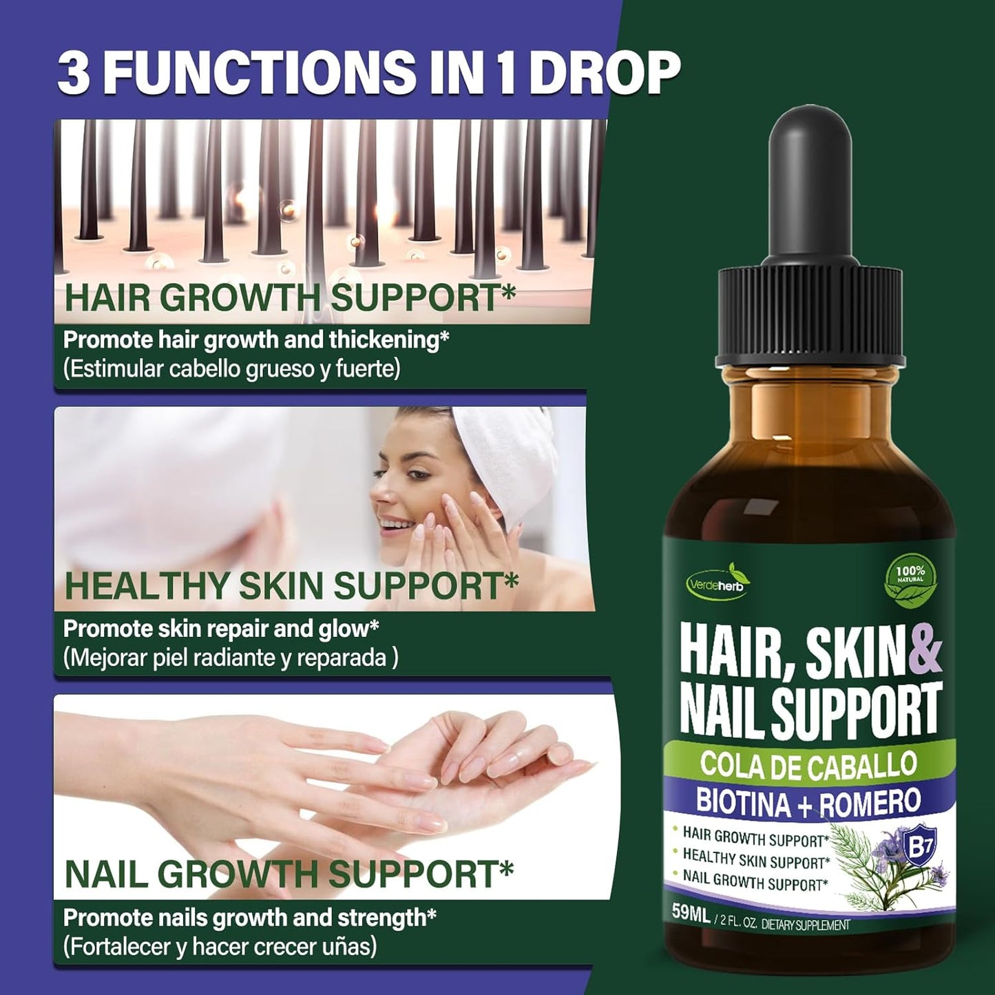 Verdeherb Herbal Liquid Drops - Hair, Skin, and Nail Growth Support with Horsetail, Biotin, and Rosemary Extract - 2oz