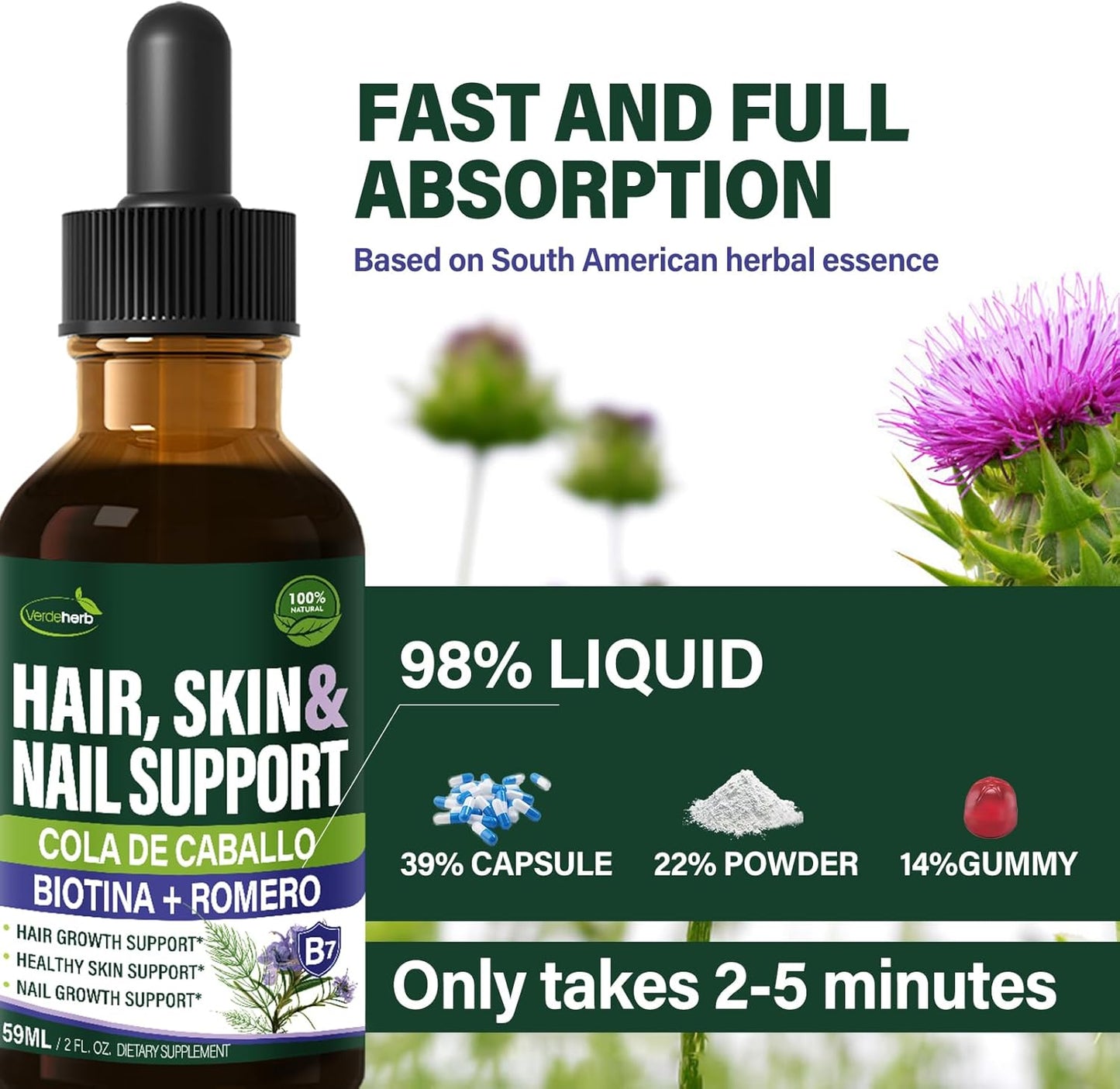 Verdeherb Herbal Liquid Drops - Hair, Skin, and Nail Growth Support with Horsetail, Biotin, and Rosemary Extract - 2oz