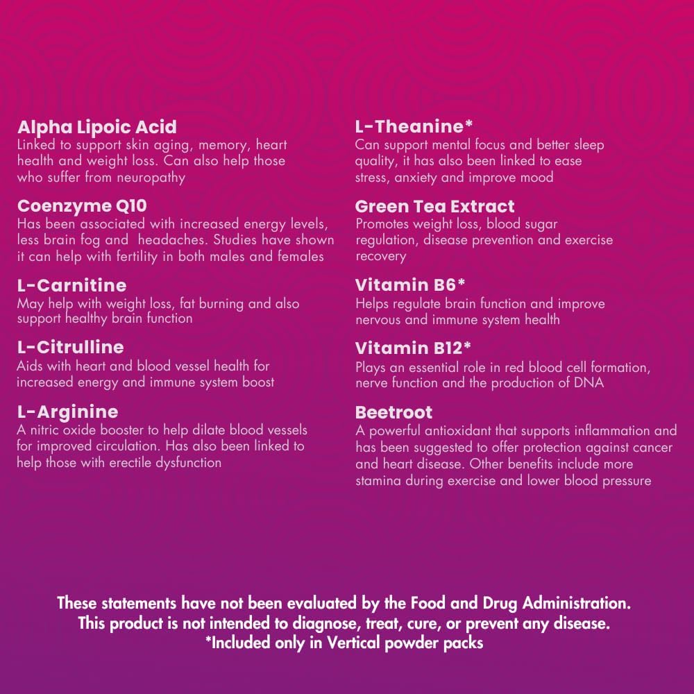 Vertical Nitric Oxide Powder Sticks - Boost Energy, Focus, and Wellness - L-Arginine, CoQ10, Alpha Lipoic Acid - 30 Single Serving Sticks