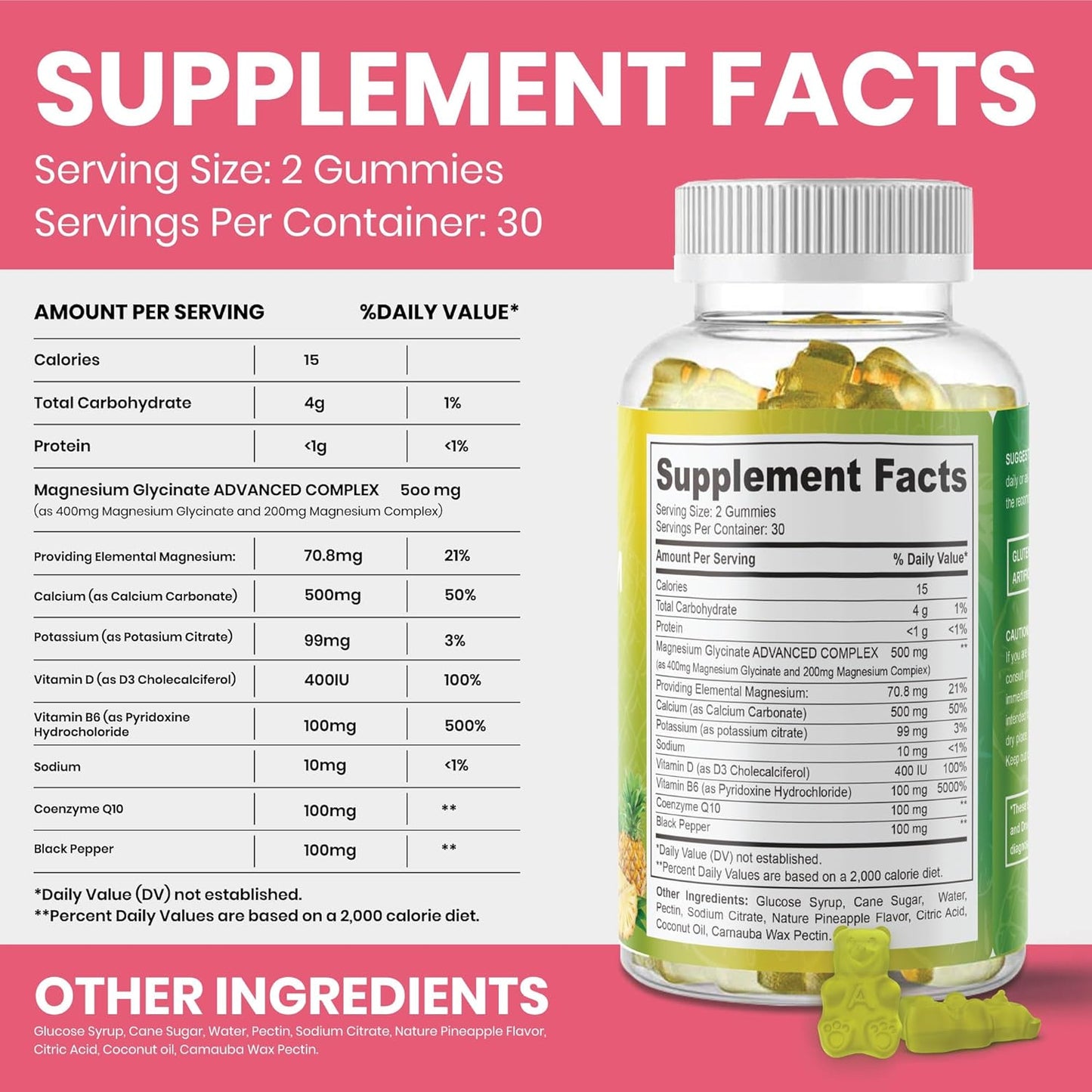 Vervenova 500mg Magnesium Glycinate Gummies for Adults - Pineapple Flavor - Promotes Relaxation, Stress Relief, and Sleep - 60 Gummies