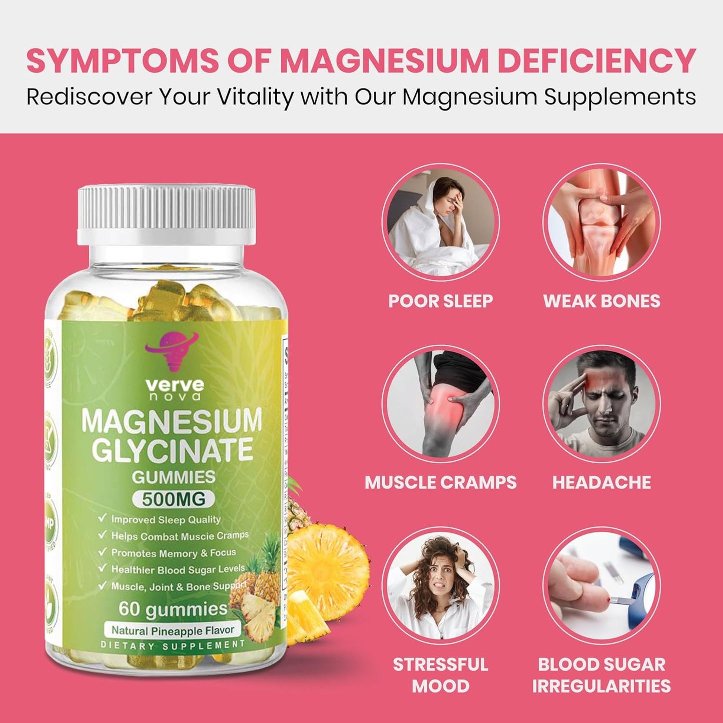 Vervenova 500mg Magnesium Glycinate Gummies for Adults - Pineapple Flavor - Promotes Relaxation, Stress Relief, and Sleep - 60 Gummies