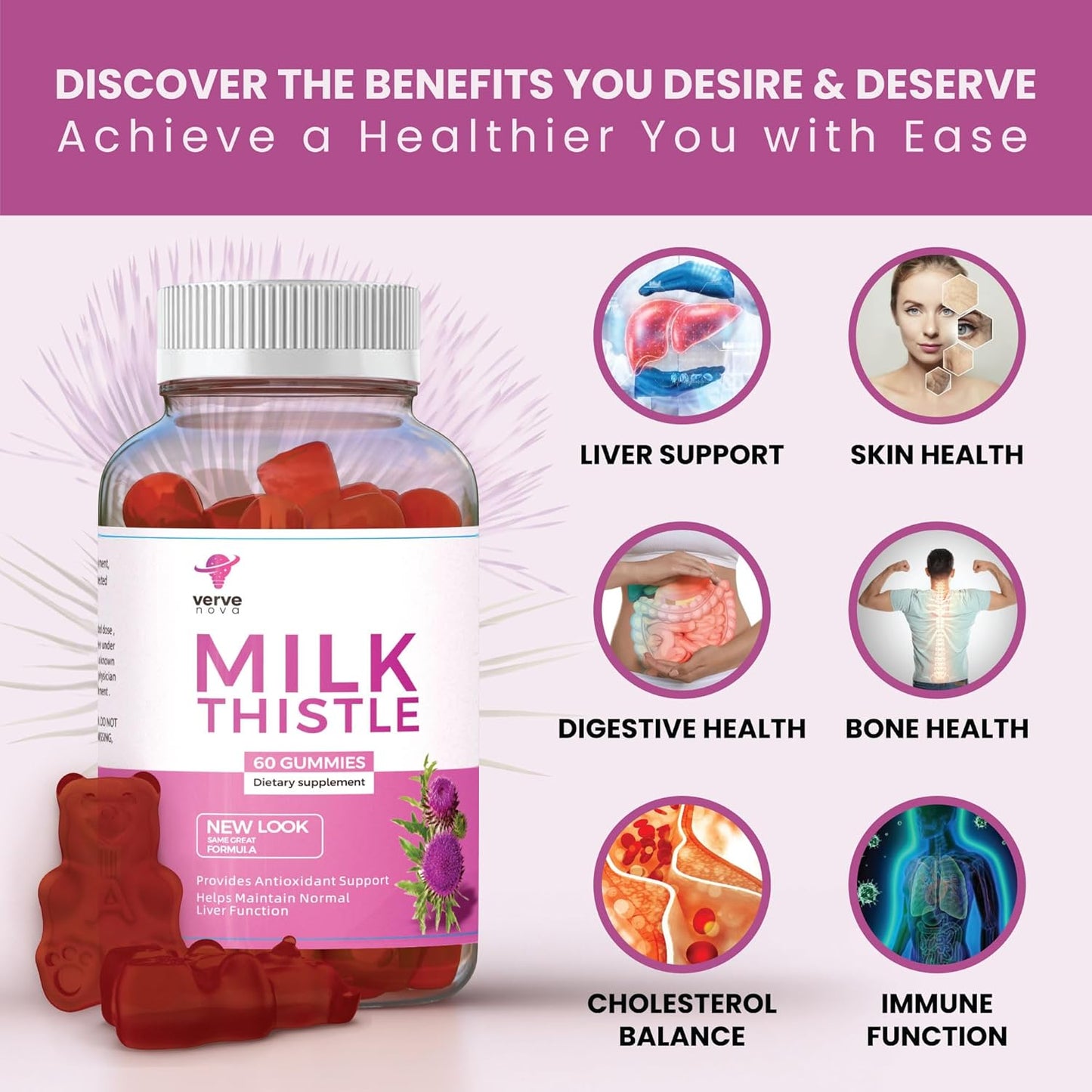 Vervenova Milk Thistle Gummies - Liver Health Support, Herbal Antioxidant, Vegan, 60ct
